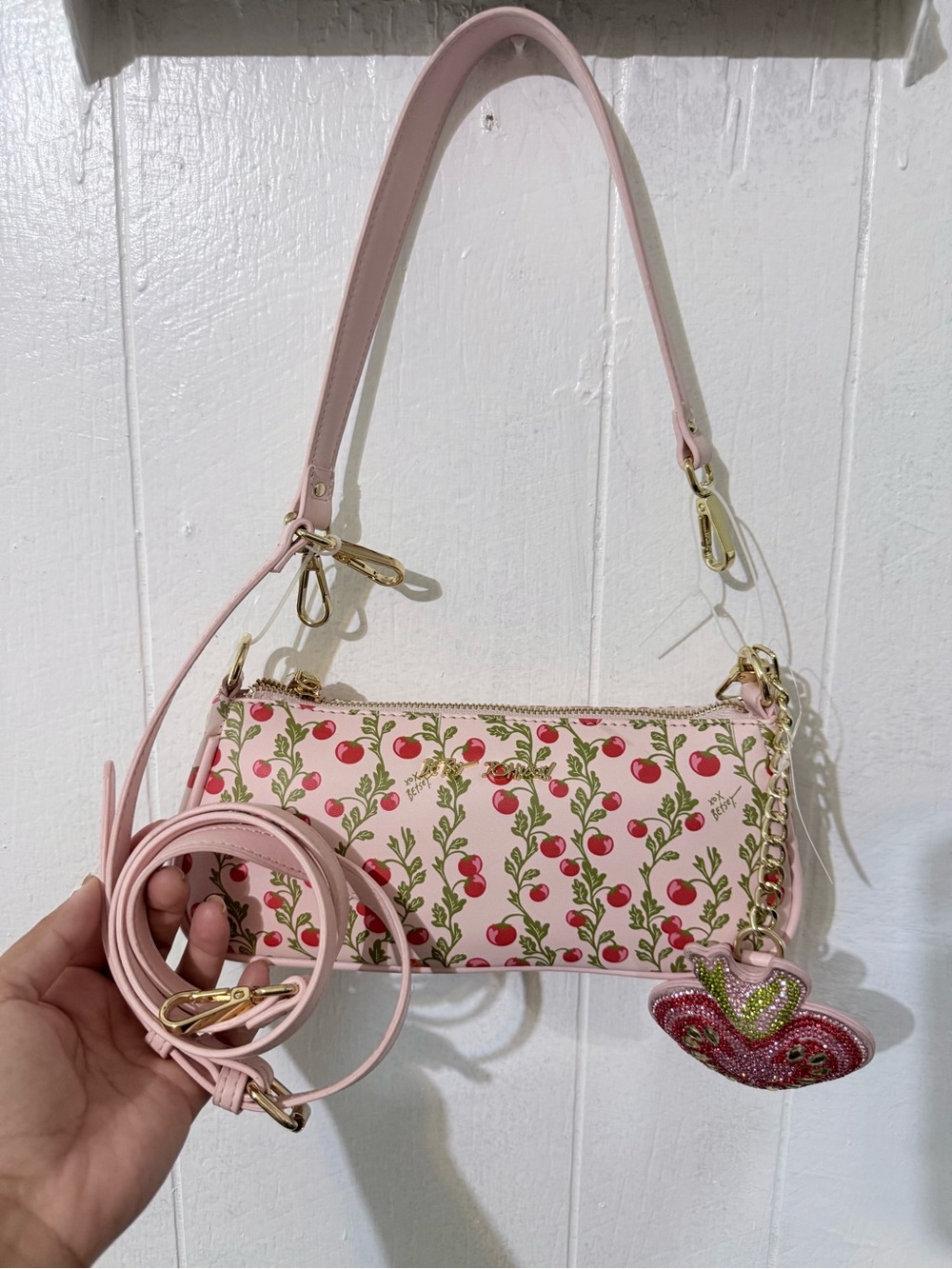 Betsey Johnson Pink Mini Cherry-Print Shoulder Bag with Strawberry Charm